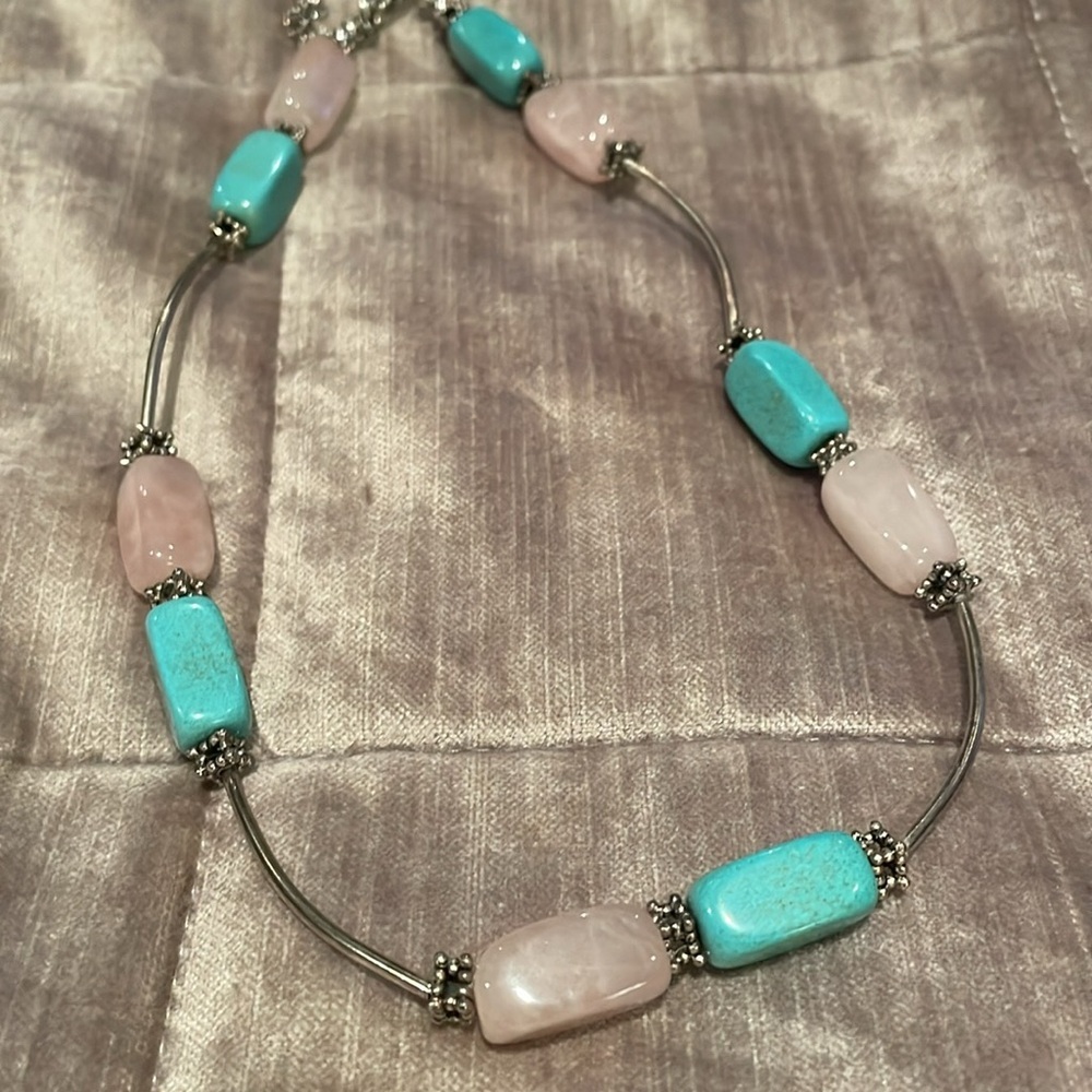 Rose Quartz & Turquoise Natural Gemstone Necklace & Earrings Set